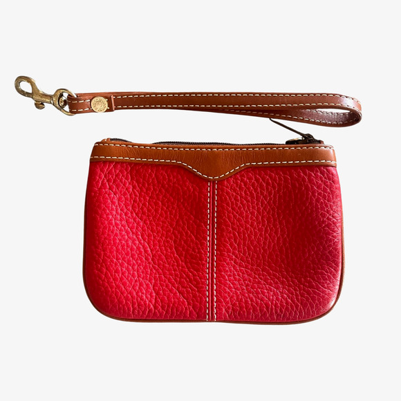 DOONEY & BOURKE Small Red Pebbled Leather Brown Top Zip Strap Wristlet Bag - Picture 2 of 5